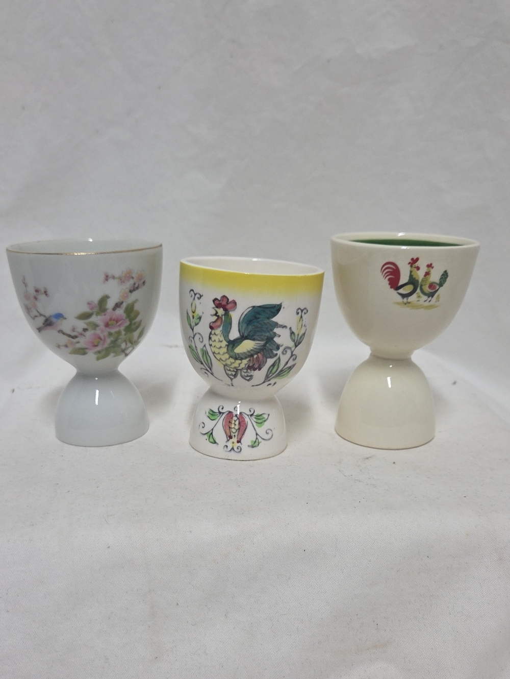 Vintage Egg Cups, Two With Roosters And One With Bird, Set Of 3